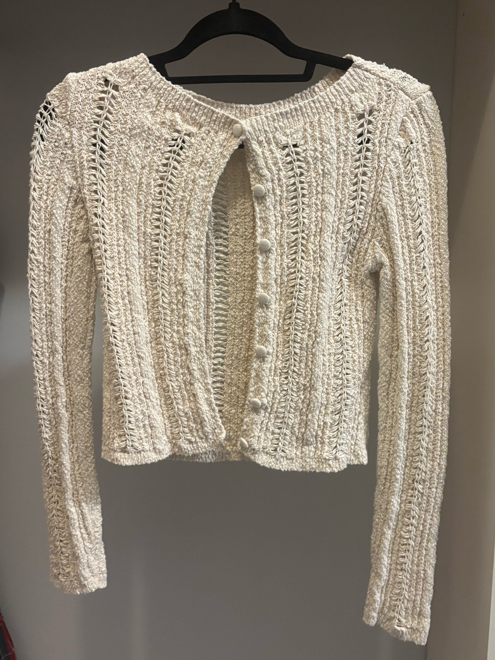 Anthropologie Cream Open-Weave Cropped Crewneck Sweater
